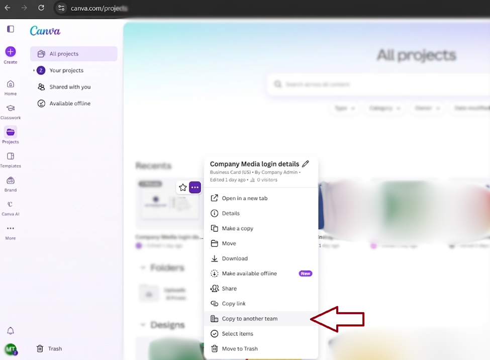 Step 3: Select "Copy to another team"