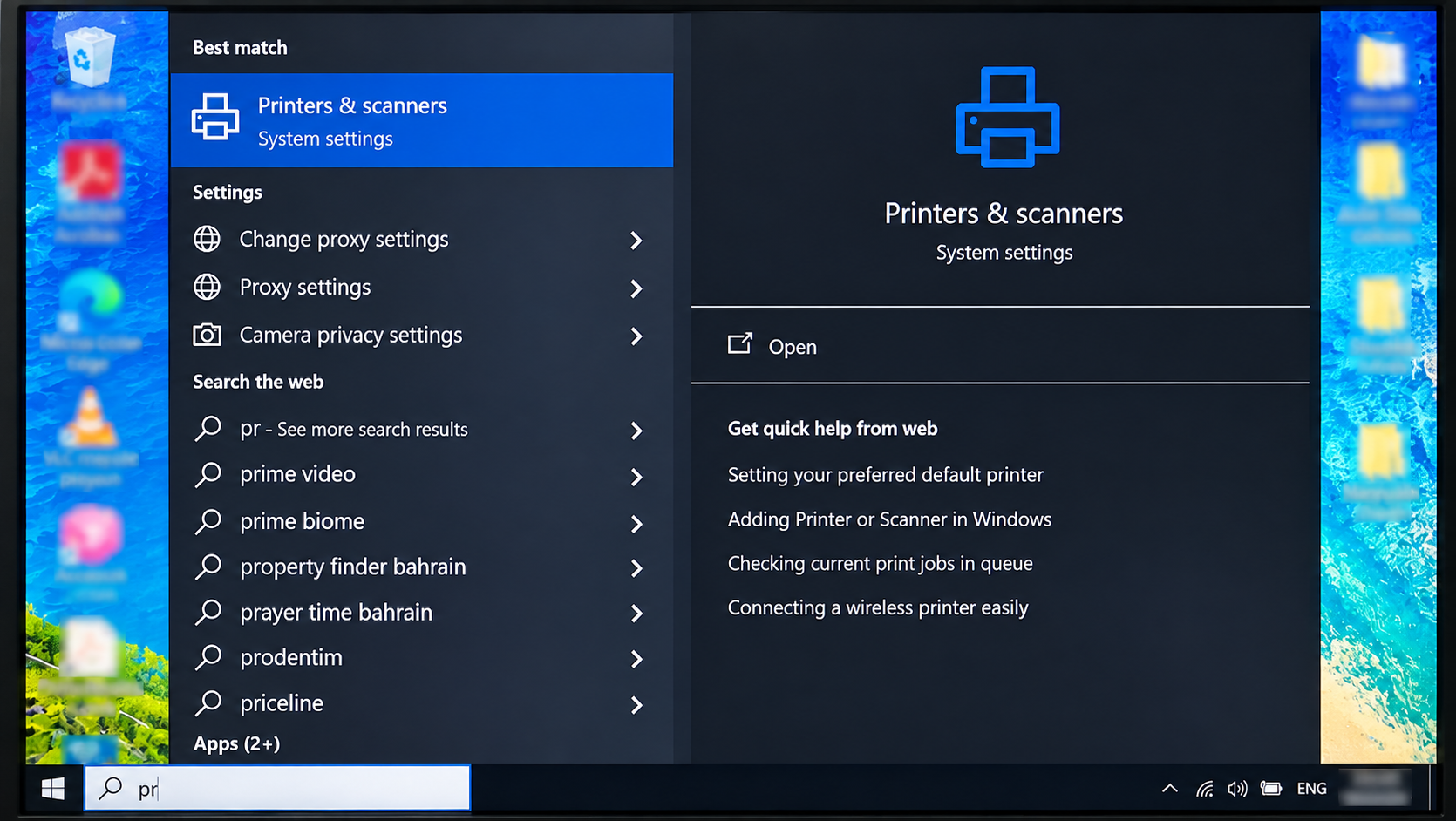 Windows search showing Printers &amp; Scanners