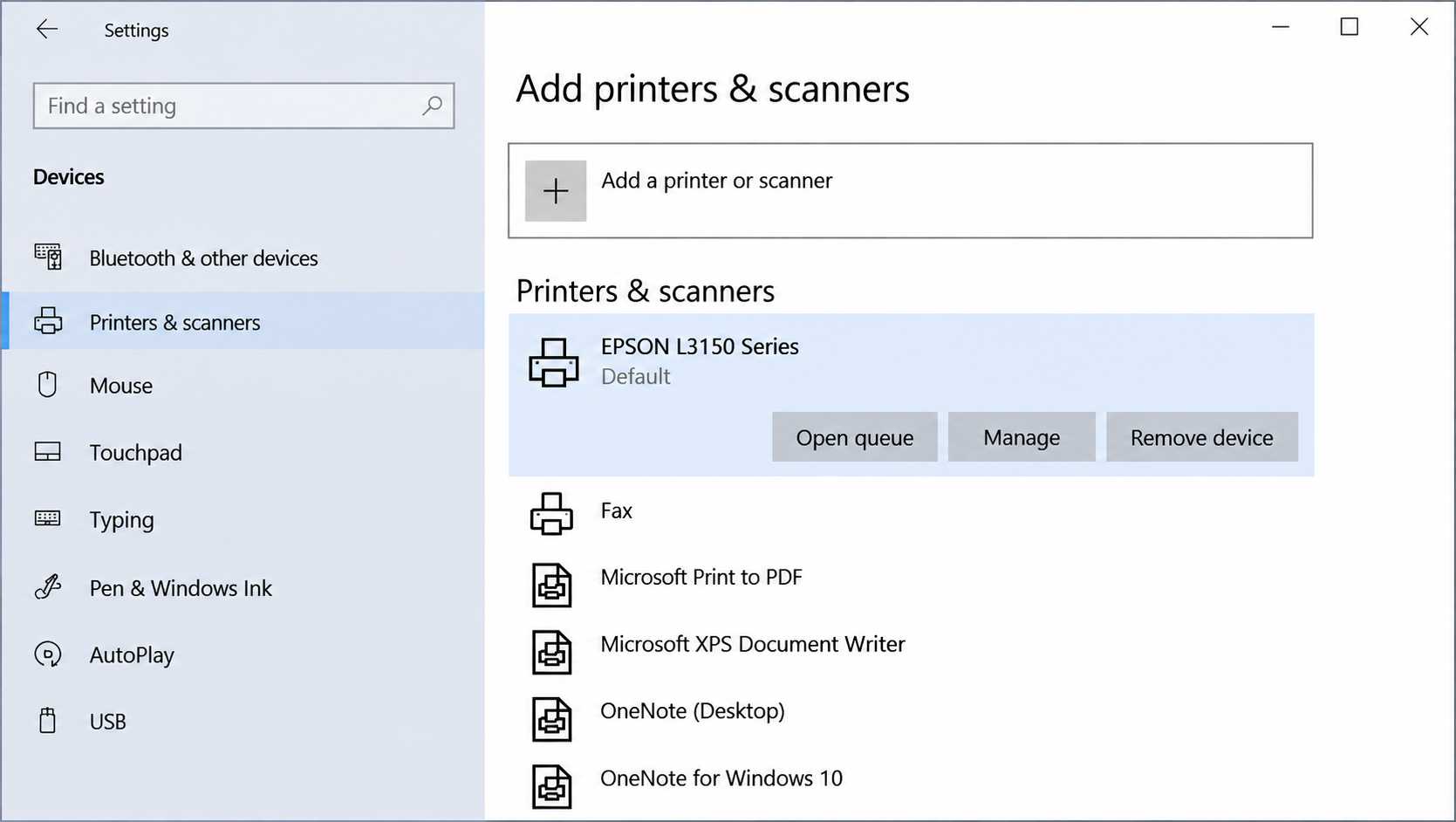 EPSON L3150 Series listed under Printers &amp; Scanners