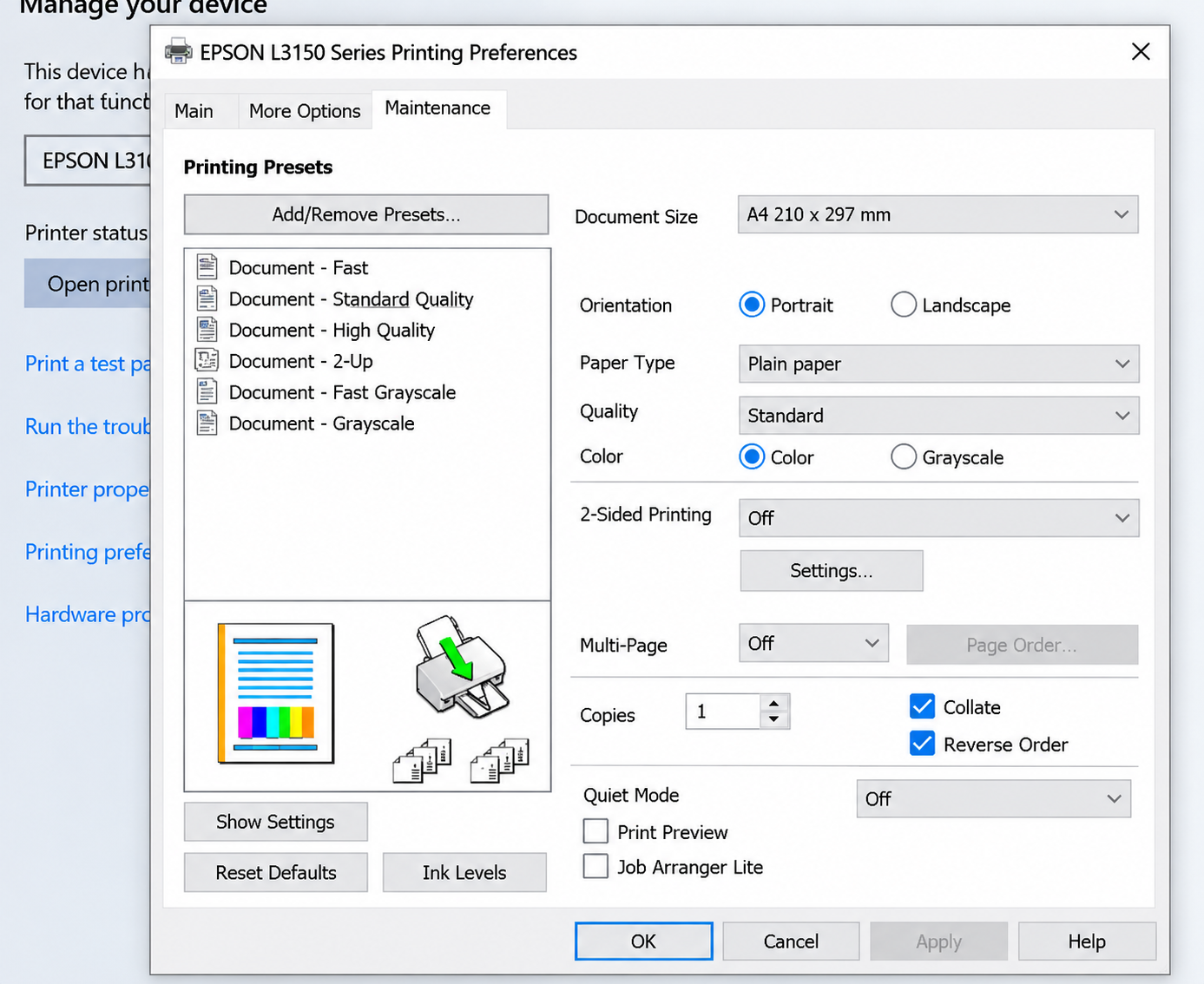 Epson L3150 selected with the Manage option visible
